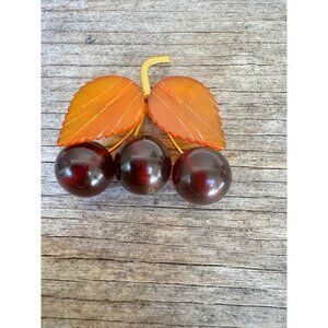 Vintage Signed 1960s Carved Russian Amber/Baltic Cherry Fruit Novelty Brooch Pin